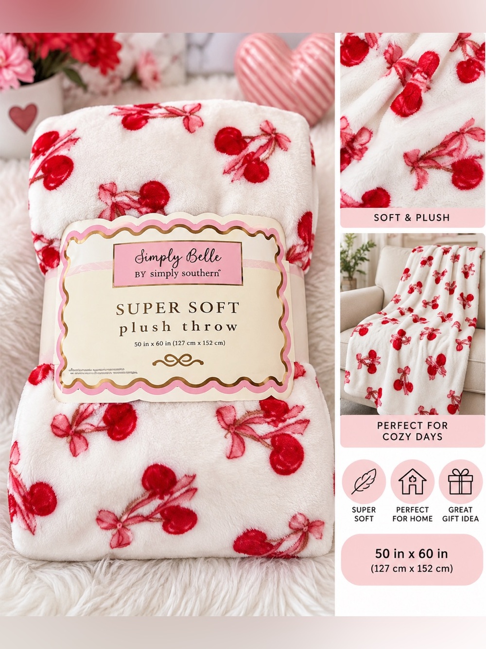 Simply Belle White Plush Throw with Red Cherry Print